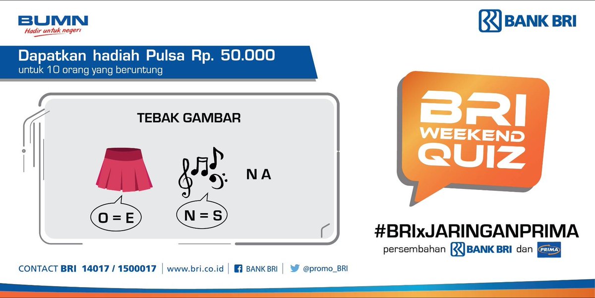 promo_BRI's tweet photo. Yuk, ikutan BRI Weekend Quiz #BRIxJARINGANPRIMA Mau jadi pemenang yang beruntung? Caranya, follow @promo_BRI dan @Jaringanprima Mention kami, dan jawab pertanyaannya dgn hashtag #BRIxJARINGANPRIMA. Pengumunan pemenang hari Selasa. Semoga beruntung https://t.co/EwCNftGE6A