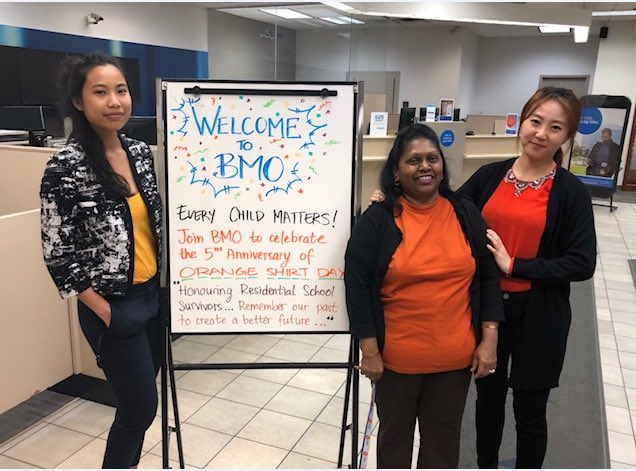 Bringing and raising awareness for #everychildmatters on #orangeshirtday.   Well done Team #vancentreBMO for collectively unifying and helping to start the conversation around reconciliation.