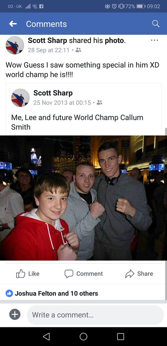 ScottAaronSharp's tweet photo. Great moment last night of realising his dream. We knew he could do this, great win and top lad. #2013prediction #AndTheNew @CallumSmith23 @PaulSmithJnr @SwiftySmith @LiamBeefySmith @JoeG @ant_crolla https://t.co/BD3XisCcwS