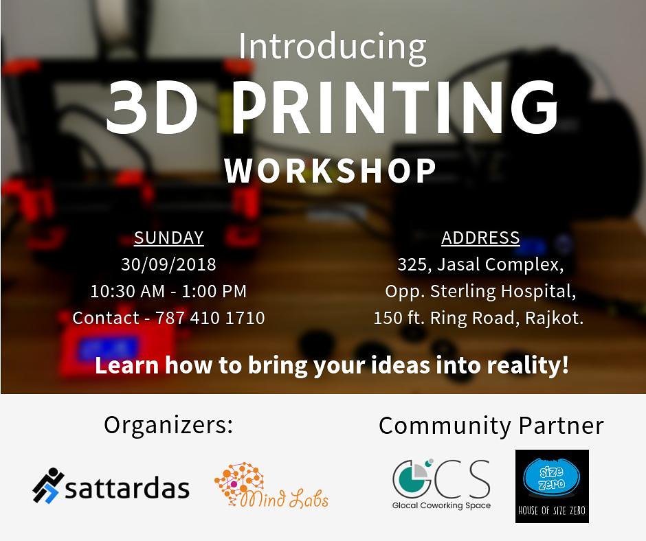 GloCalCoWorking's tweet photo. 3D Printing Workshop by sattardas makerspace &amp; mindlabs !!
An exciting workshop to convert your idea into reality by using 3D printing technology.
 by Sattardas makerspace in town!

Don't miss to be a part of the first ever makerspace in Rajkot! 

https://t.co/f8B2Wwu2Ag https://t.co/wTgl12IQC8