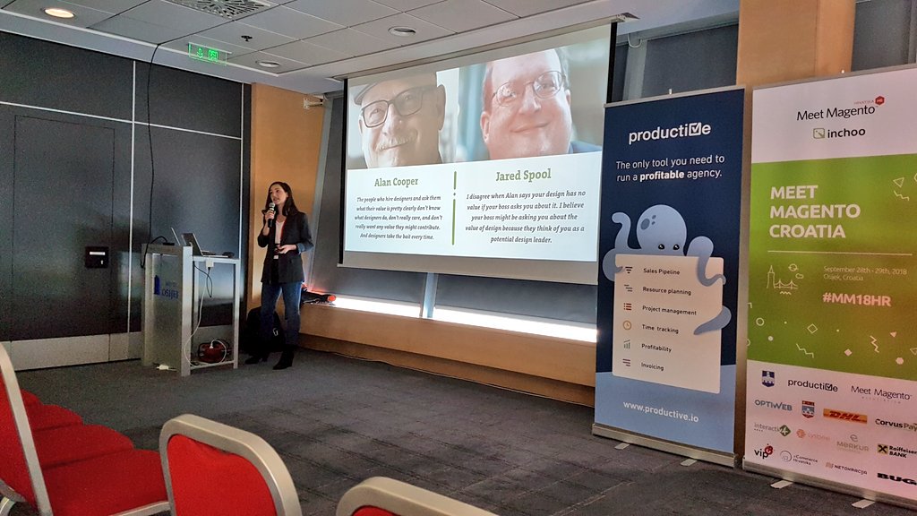 tomislavbilic's tweet photo. Very  proud of our (@inchoo) designer @kdijakovic who is having her first @meetmagento talk. She is speaking about ROI in design investments.  #MM18HR https://t.co/OtWt6B1zZ0
