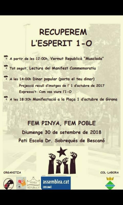 CarriletDigital's tweet photo. #1O Diumenge a #Bescanó hi haurà actes commemoratius del Referèndum d'Autodeterminació de fa un any.

Amb el lema "Recuperem l'esperit de l'1-O" els actes començaran a les 12 del migdia. 

https://t.co/2vo7IsPEwL https://t.co/BMLsjz2O6I