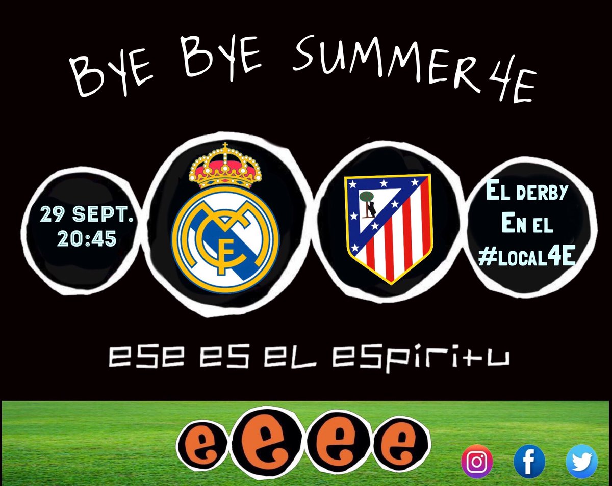 EseEsElEspiritu's tweet photo. Hoy!
Bye Bye Summer4e + RealMadrid -Atlético
En el #local4e a partir de las 20:00! https://t.co/TMonWT6br4