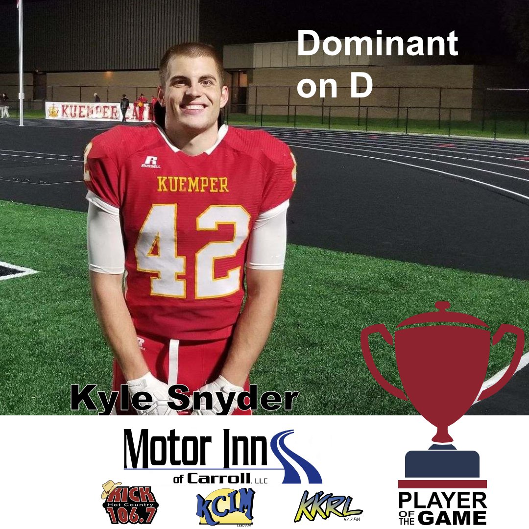 huskerblankman's tweet photo. Kyle Snyder of Kuemper was named Motor Inn Player of the Game Vs Greene County on Friday, September 28th.. @KyleSnyder9 @KuemperFootball @Kyle2berg @KuemperAD @colecollison21 https://t.co/ZhNxia45FL