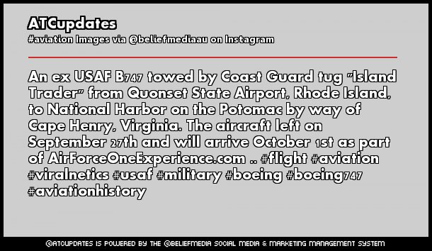 An ex USAF B747 towed by Coast Guard tug "Island Trader" from Quonset State Airport, Rhode Island, to National Harbor on the Potomac by way of Cape Henry, Virginia. The aircraft left on September 27th and will arrive October 1st as part of AirForceOneExperience.com .. #flight