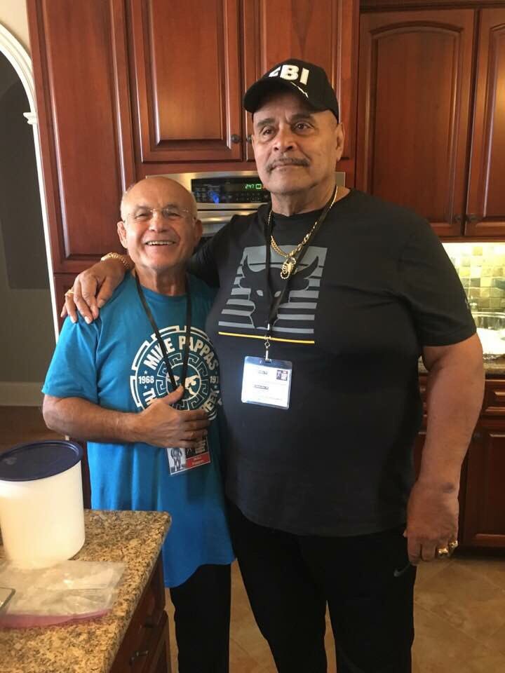 FlyingGreekDoc's tweet image. Two legends reunited. Mike Pappas and Rocky Johnson! Now to find a way to get an interview with him and his son....