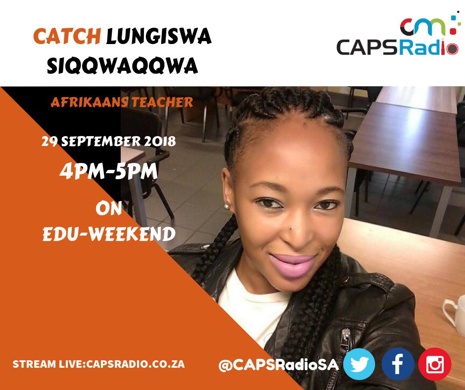 CAPSMediaSA's tweet photo. Catch Lungiswa Siqqwaqqwa on #EDUWEEKEND with @NkanyiSlays
๐ปhttps://t.co/2TeGow99V5
โ 0861017460/ 0812795685 #WhatsAppline
#Education #EducationMatters #SaturdayMotivation #CAPSRadioSA https://t.co/V6n6CPKNTE