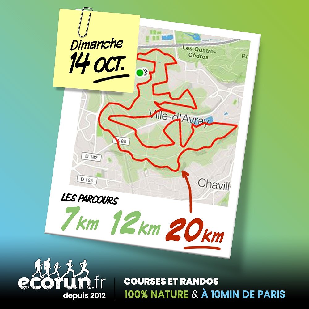 Ecorun_France's tweet photo. Sur l' @Ecorun_France il y a 3 parcours de #running et #rando : 7km / 12km / 20km - voici le #20km et c'est 100% en forêt a 10min de #Paris ! 
RDV Dimanche 14 octobre ! #running #trail #20kmdeParis Inscriptions ici ➡️ https://t.co/GBYBkG7c0q https://t.co/SS9iEFwh12