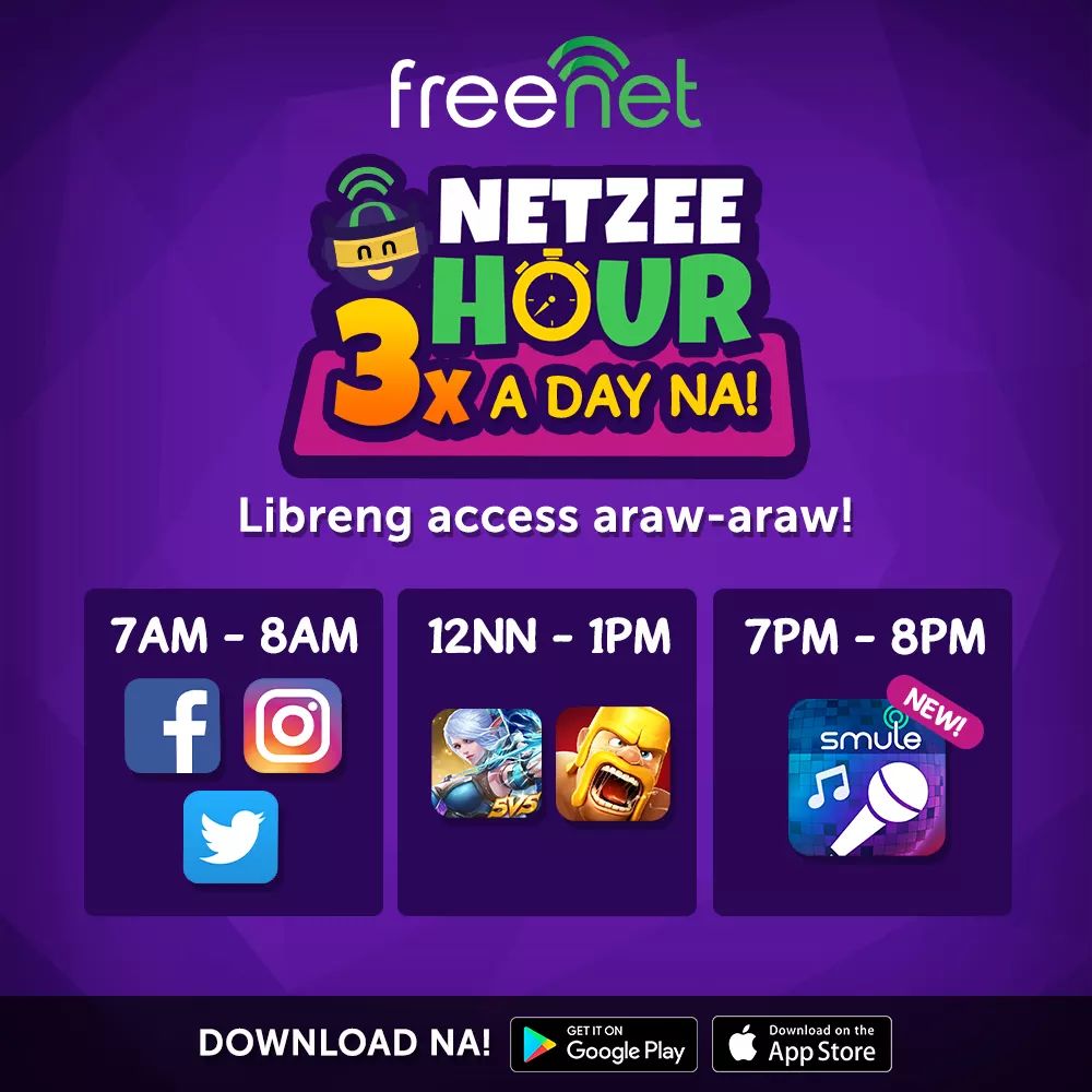 freenetph's tweet photo. @CalugayLourence Oo naman! Hindi lang yan, marami pang ibang sikat na apps ang libre with #NetzeeHour. https://t.co/FI2JW6mo46