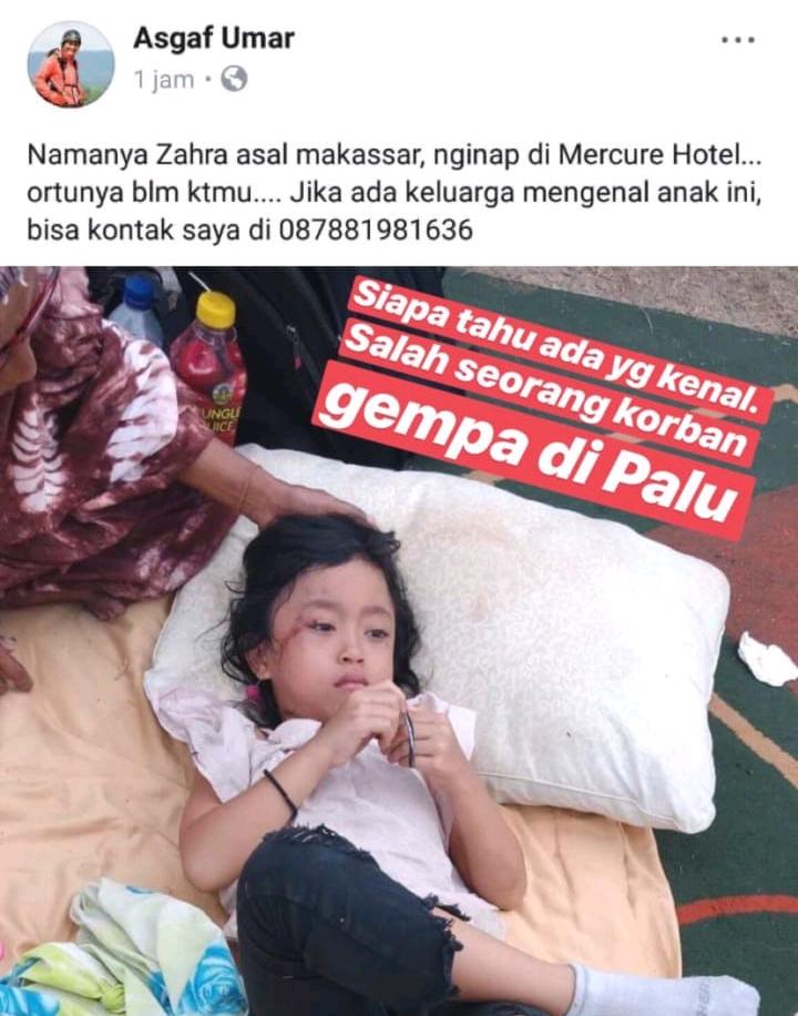 ejha_rawk's tweet photo. Seorang anak terpisah dari orang tuanya saat peristiwa #gempapalu. Mohon sebarkan. Siapa ada yg kenal atau ketemu dengan orang tua adik kita ini https://t.co/AqQhM4AEum