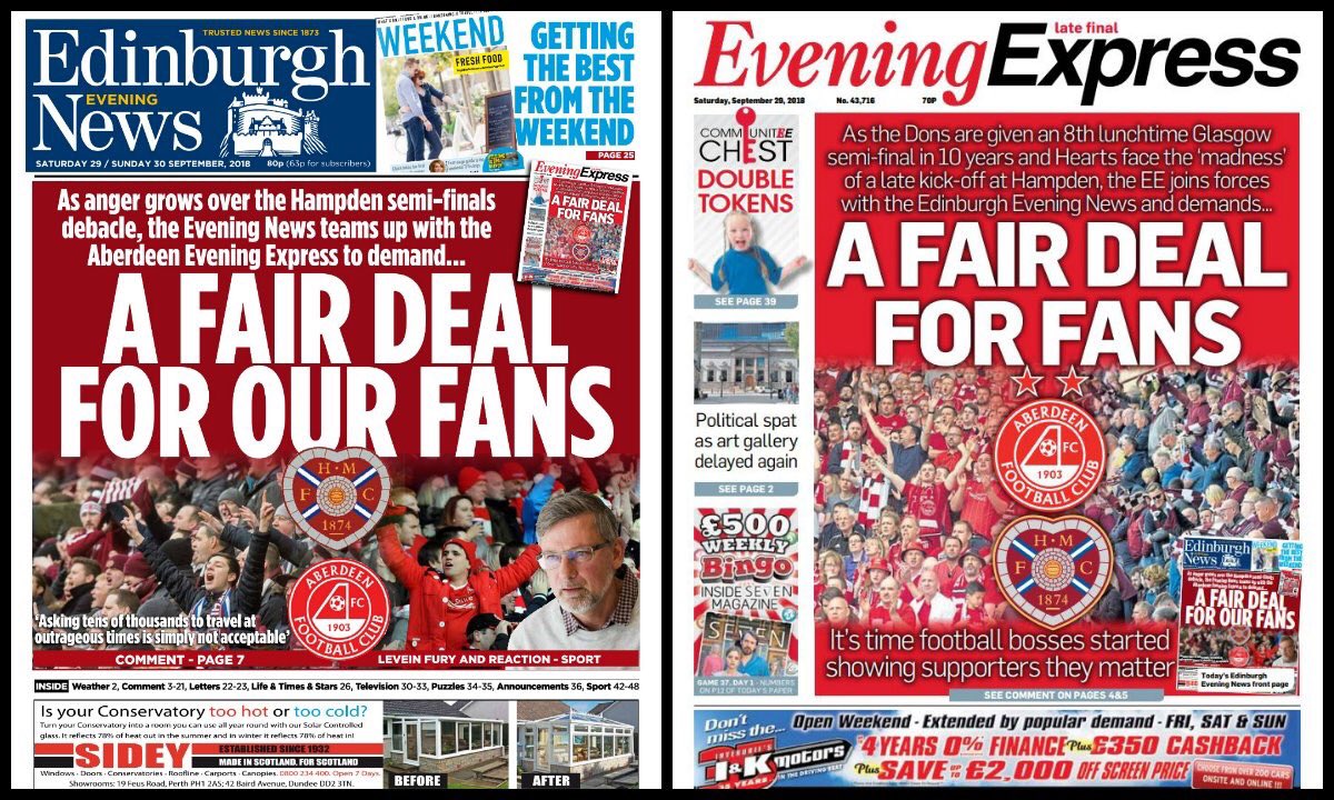Front pages of today’s <a href="/EveningExpress/">Evening Express</a> and <a href="/edinburghpaper/">Edinburgh Evening News</a> as we join together to call for a better deal for fans. Kick-off times for <a href="/spfl/">SPFL</a> cup semis are putting people off following their teams and ultimately our game. When will fans actually matter? <a href="/jamb0skickback/">Jambos Kickback</a> <a href="/ARedPOV/">Red Point of View</a>