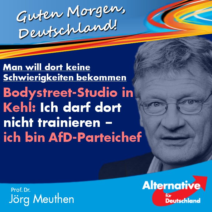 Joerg_Meuthen's tweet photo. Guten Morgen 🇩🇪!
Deutschland kann auf diesem Weg nicht weitergehen. Wir repräsentieren mittlerweile 10 Millionen Wähler - sollen all diese Menschen in Zukunft auch  ausgegrenzt werden? Wie tief soll die Spaltung unseres Landes denn noch  werden?
#AfD
➡️https://t.co/LwQHP2rsA6 https://t.co/Xz2qaSvwZ3