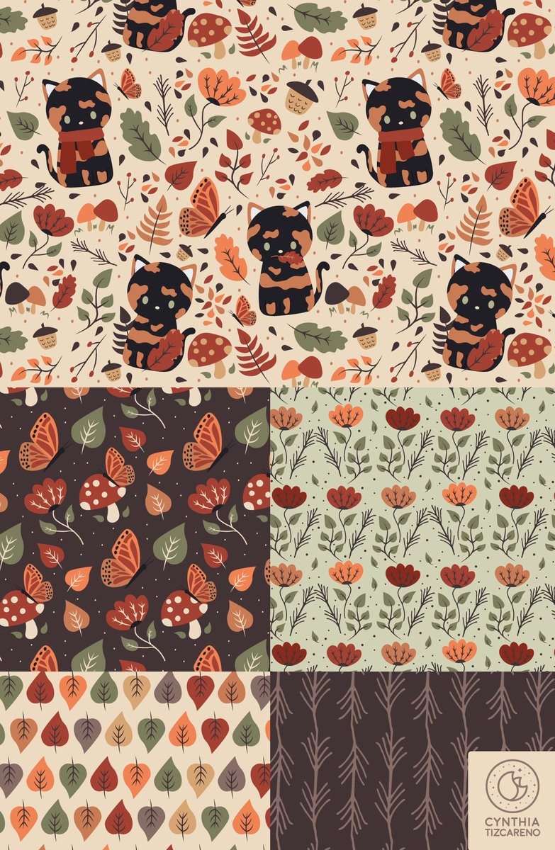 MeowAmor's tweet photo. My fall pattern collection is now complete! I'm going to continue making patterns designs every week so I can continue to improve 🤓💖
#surfacepattern #textiledesign #pattern #graphicdesign #adobeillustrator #pattern #fall #autumnpattern https://t.co/LAkY4YUgpS
