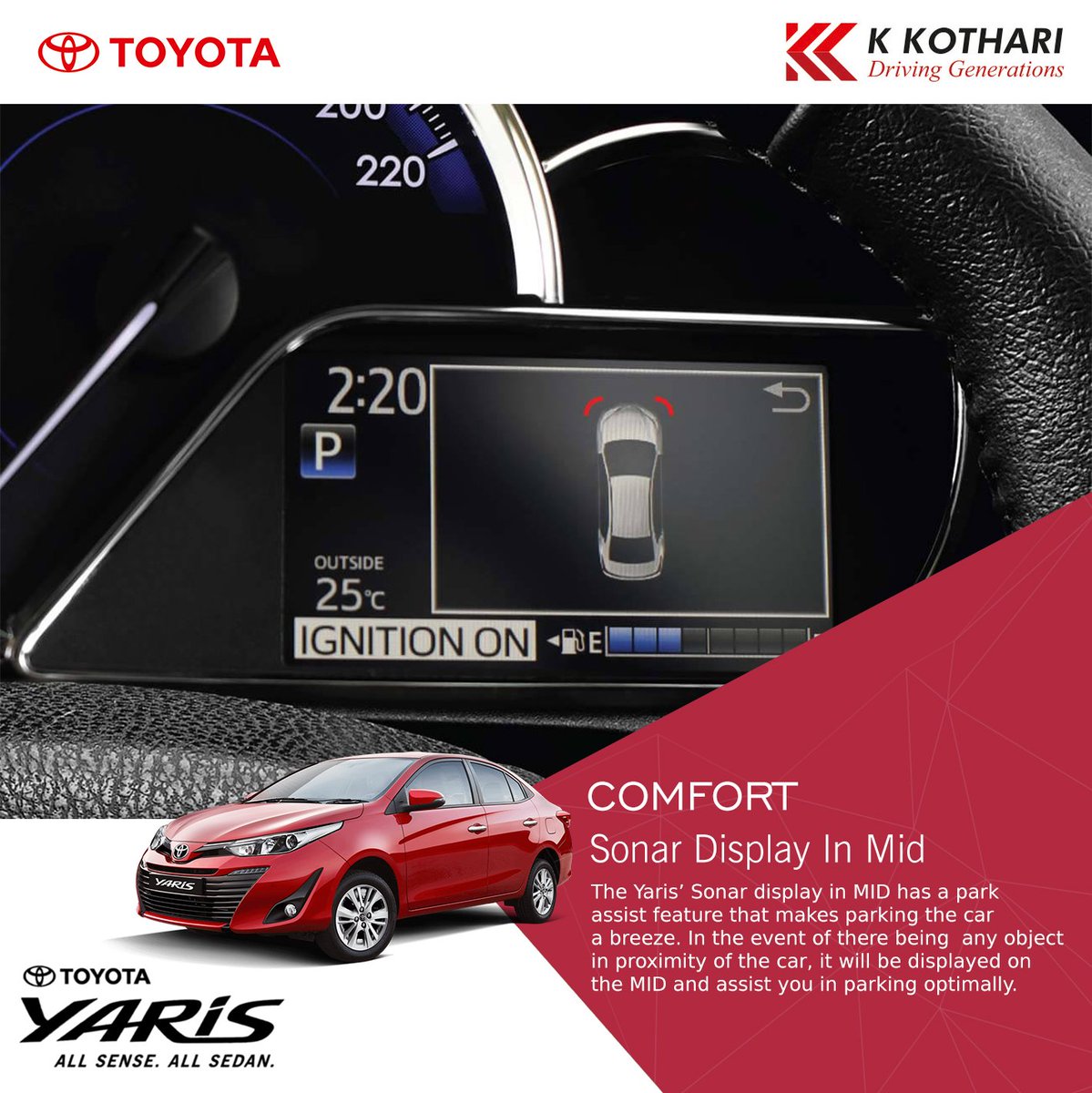 KothariToyota's tweet photo. The Yaris’ Sonar display in MID has a park assist feature that makes parking the car a breeze. In the event of there being any object in proximity of the car, it will be displayed on MID. For call now at 7030979797 
#toyotayaris #yaris #toyotacars #punetoyota #yariscar #sedancar https://t.co/TWYXk97Ddq