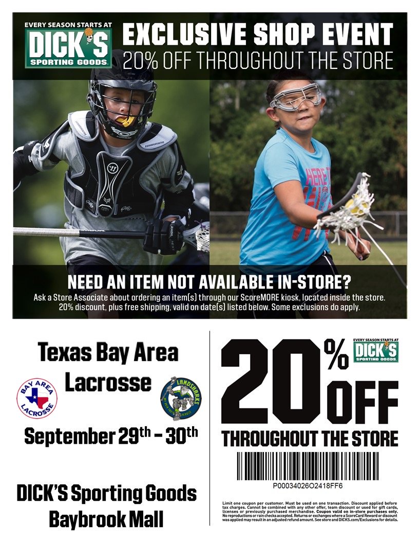 ClearLakeLax's tweet photo. Stop by Dick's Sporting Goods TODAY between 10am and 2pm...meet the coaches, sign up for Fall, get sized for equipment...see you there! https://t.co/p9gXsz7oPp