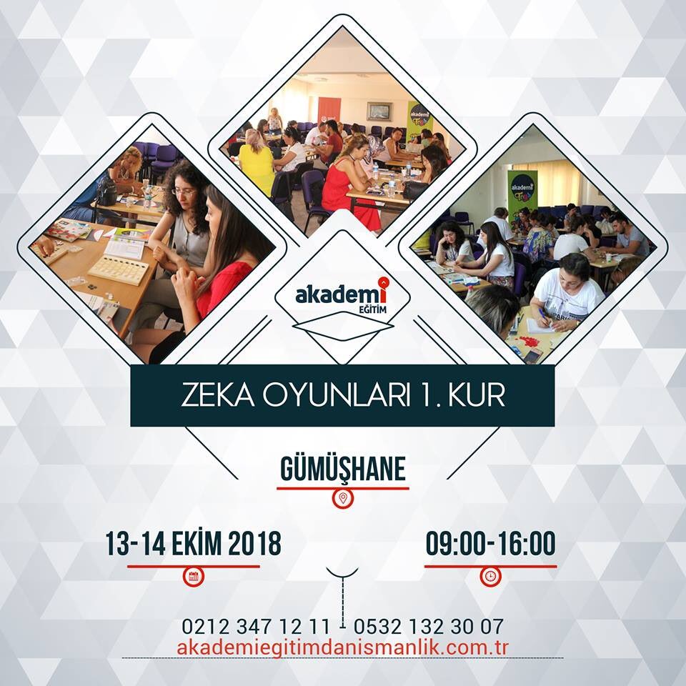 Dönemin İlk Eğitimi !!
Akademi Eğitim Danışmanlık Gümüşhane-Merkez'e Zeka Oyunları 1. Kur Eğitimine Geliyor
Sizde Kendi İlinizde İnovatif Eğitimlere Dahil Olmak İsterseniz Bize Ulaşabilirsiniz. 
BİLGİ İÇİN; 0545 558 35 79 - 0312 569 05 55
KAYIT FORMU LİNKİ;docs.google.com/forms/d/e/1FAI…