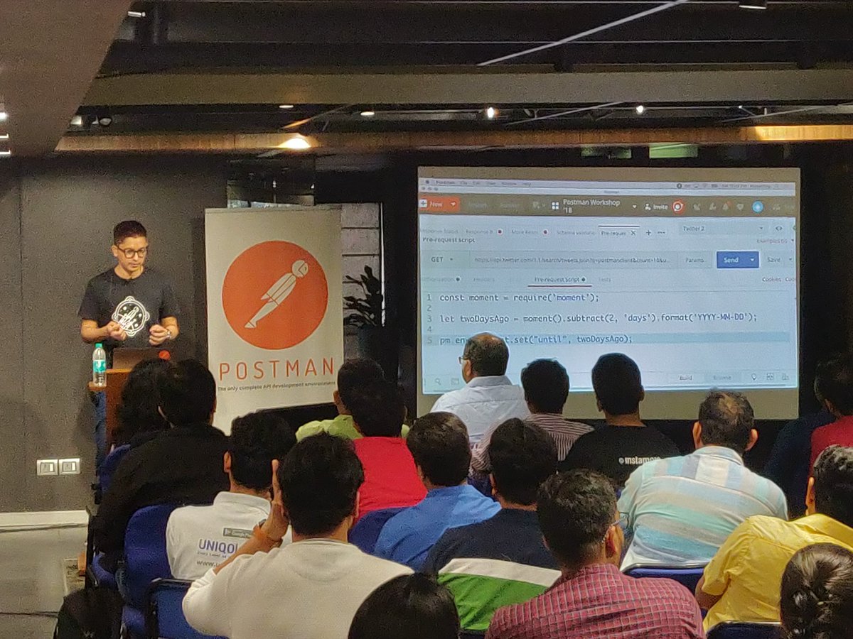getpostman's tweet photo. @kaustavdm wrapping up a session on tests and scripts in Postman! #postmanworkshop https://t.co/mm6qSvpOyx