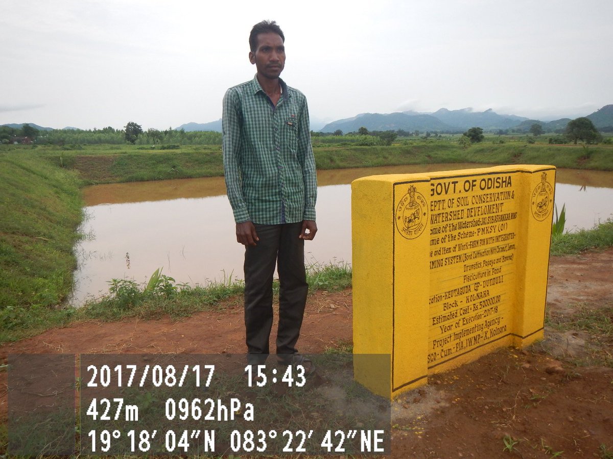Farm Pond constructed under PMKSY (Other Interventions) during 2017 – 18 in Rayagada District, Kolnara Block, Keutaguda Village, Jay Sibashankar MWS with an expenditure of Rs. 5 lakhs, provides irrigation to 4 Ha. for 10 farmers.