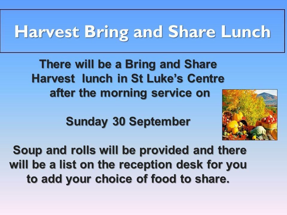 StlukeschurchRM's tweet photo. Tomorrow at St Lukes.  
All Welcome 😀
Come along for food, friendship and fellowship.  Lunch will take place after the morning service.  
Morning service 10am. 

#harvest @chelmsdio @UpminsterInfo @HornchurchLife @Havering_DSynod @PoHornchurch @RomfordLife https://t.co/0vdPon4sBG