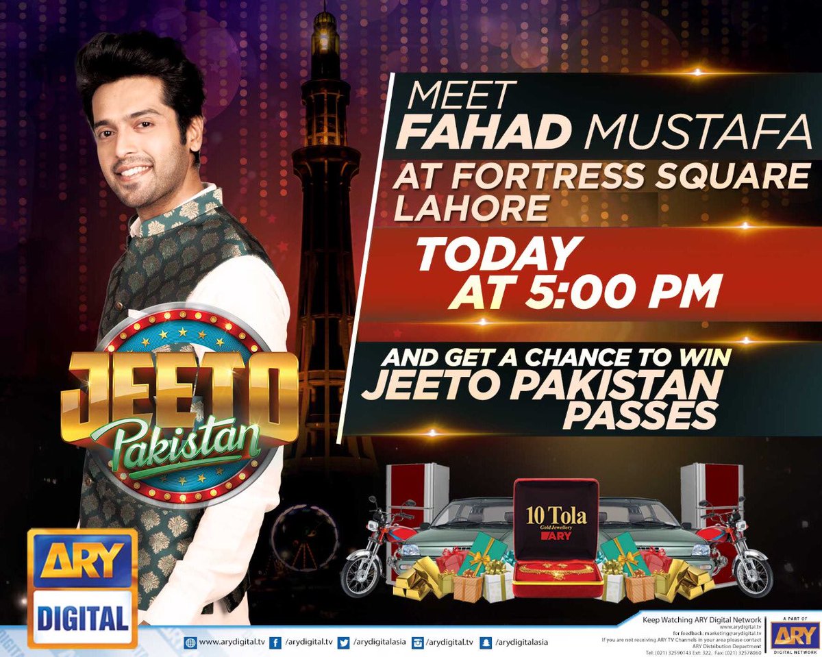 fahadmustafa26's tweet photo. Get ready #lahore to Meet Fahad Mustafa at #fortresssquare lahore today at 5 pm and get a chance to win free passes of the biggest game show of pakistan #jeetopakistan https://t.co/K66iWBw7WH