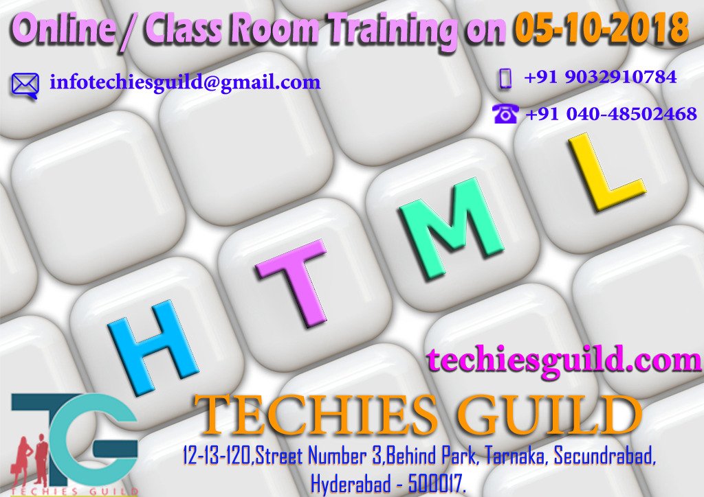 techiesguild1's tweet image. HTML Free Demo on October 02 Tuesday
Batch Type: Online/Class Room Training
Visit us at :techiesguild.com/web-technologi…
Email: infotechiesguild@gmail.com
Mobile: 9032910784
Phone:+91 040- 48502468