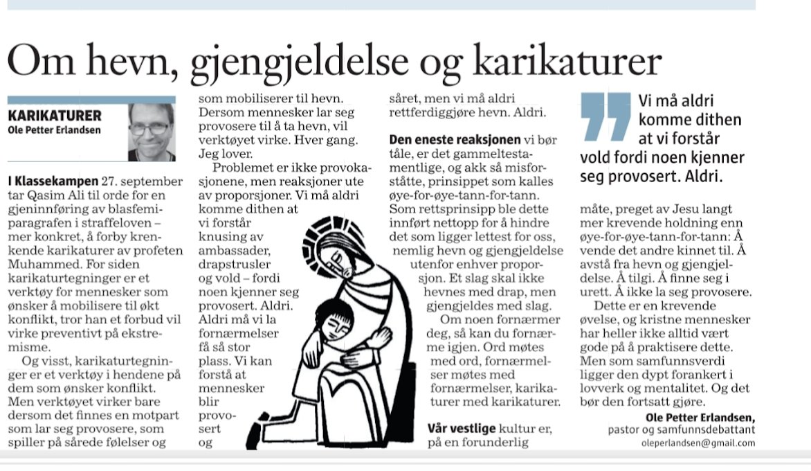 OlePetterErland's tweet photo. Siden det er svært få som lenger kjøper gårsdagens utgave av @Klassekampen, ser jeg mitt snitt til å legge ut innlegget i gårsdagens avis. Om hevn og karikaturer og sånn. https://t.co/Sqa07AIH07
