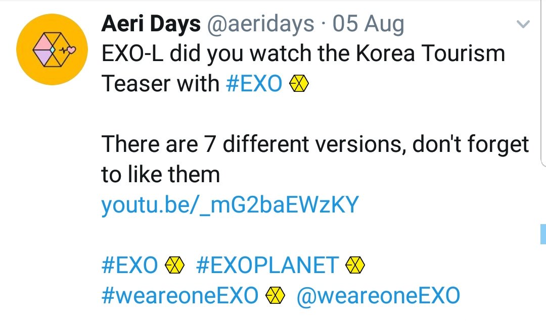 aeridays's tweet photo. August 5th
#4YearsAsEXOL and #Exol_abyrinth and korea tourism teasers "HAVE YOU EVER___?"
#EXO #EXOPLANET #weareoneEXO #EXO_ComingSoon @LAY_zhang_ @b_hundred_hyun @weareoneEXO https://t.co/TrUSIQwRZX