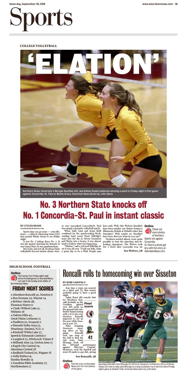 aberdeensports's tweet photo. #SportsPageOne:
🏐 No.3 @NorthernStateU knocks No. 1 Concordia-St. Paul in instant classic
🏈@AberRoncalli rolls to homecoming win over #SisstetonSD
🏈Friday night scores
Find more at https://t.co/9Lqvvvx1fZ https://t.co/9xvp3qdcF7