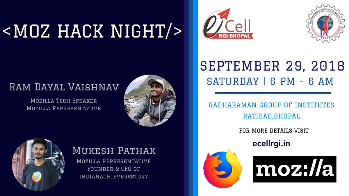 HeerendraShah's tweet photo. RGI Bhopal &amp; Mozilla  Presents MOZ HACK NIGHT .   
For more information and Resister your self   https://t.co/Na2DN2qpyH

 #MozActivate #MozMPCG #MozActivateIN #MozHackNight
@MikeMozmicky
@vabajaj https://t.co/VmWvH9dfmH
@ecellrgi https://t.co/ZTEn0CIfgP