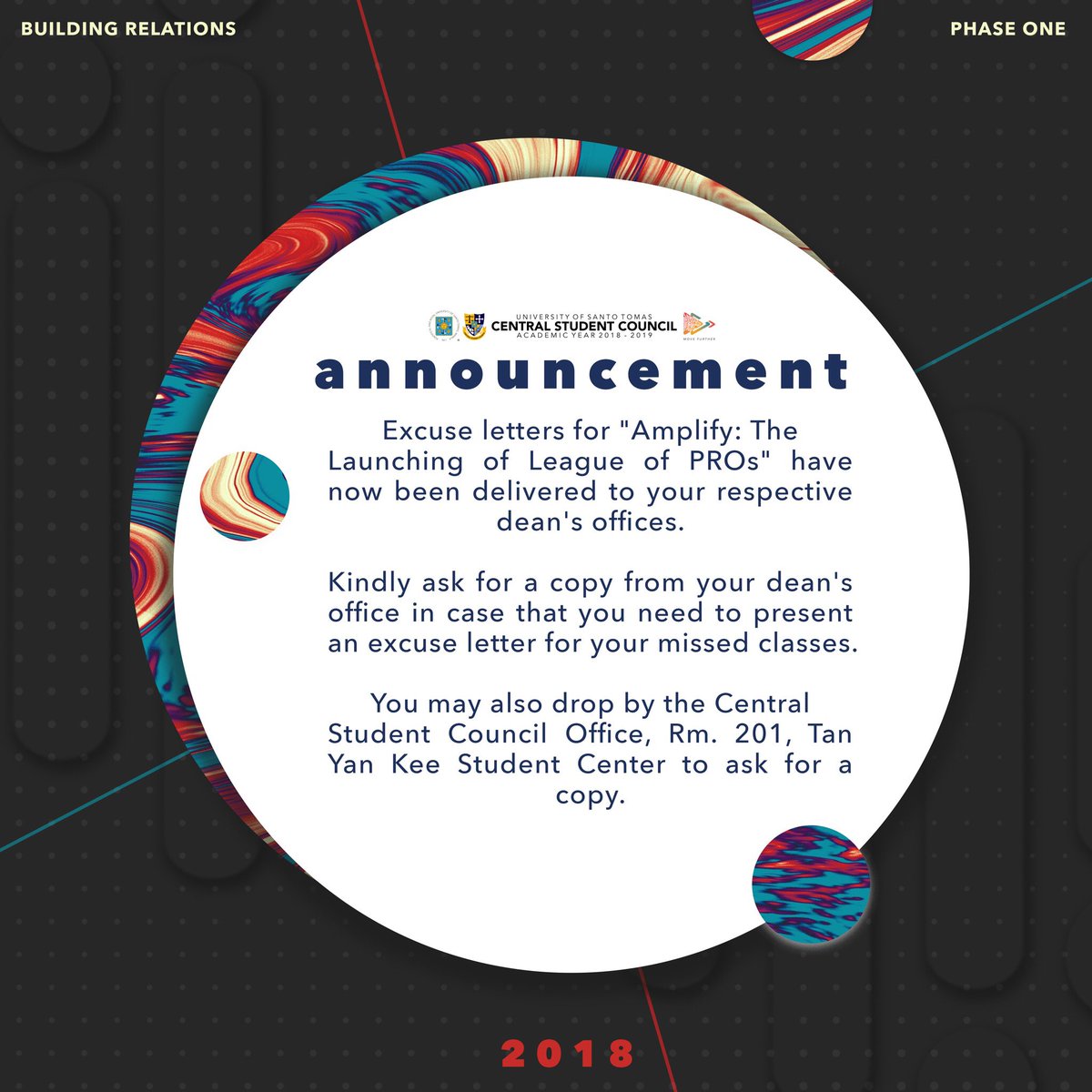 ust_csc's tweet photo. ANNOUNCEMENT
RE: Excuse Letters
Please be guided accordingly.
#BuildingRelations2018
#CSCMoveFurther https://t.co/09lU7xg4pY