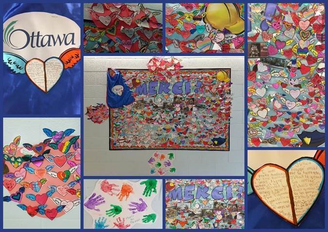 ottawaville's tweet photo. Les enfants de l'école élémentaire catholique Laurier-Carrière ont fait ce mur de reconnaissance afin de remercier les employés de la Ville pour leurs interventions d'urgence et leurs efforts de rétablissement à la suite des tornades et des tempêtes de la semaine dernière. Merci! https://t.co/dp0ySGqHyg