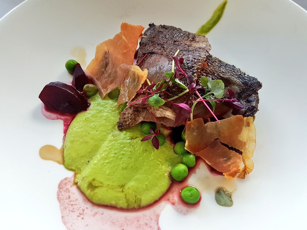 SWChefComp's tweet photo. Elliott Mooney from @westoncollege has cooked pan fried pigeon, pea puree, fried pancetta and beetroot https://t.co/23kfeXEhOG