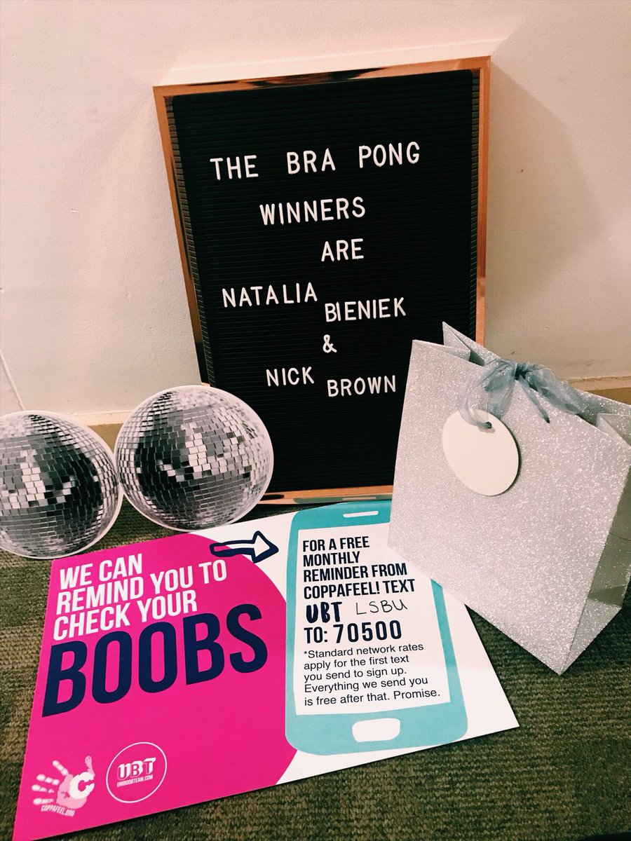 LSBUboobteam's tweet photo. congratulations to our bra pong champions who will be heading to @Ministry_Club this Tuesday! We also snuck in a little prize for our third high scorer as well!
#LSBUUBT #coppafeel #lsbsu #lsbufreshers https://t.co/JmXbJeMeR2