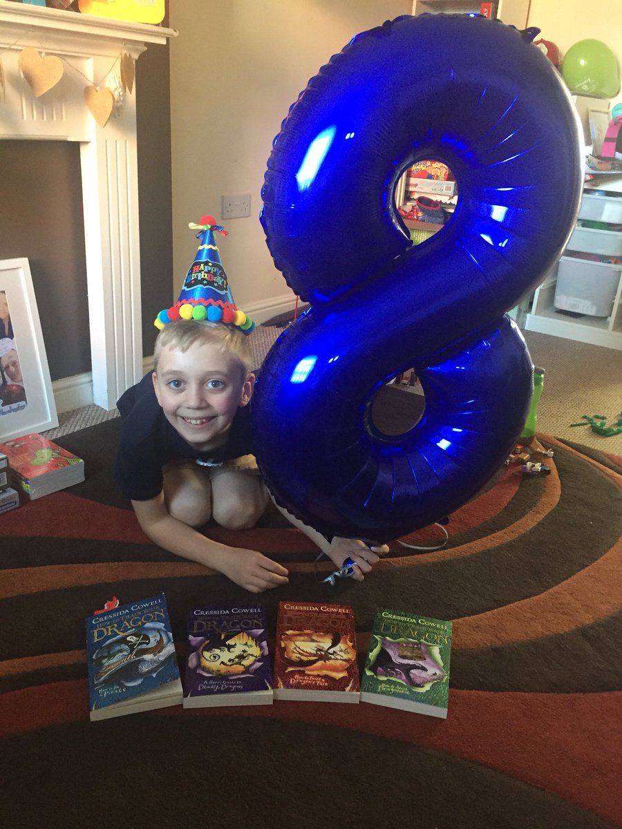 @CressidaCowell My birthday boy Maxwell is 8 today and is very excited to open 4 more books from your collection. His favourite character is Toothless, who is yours? #booklover #birthdayboy #authorsrock