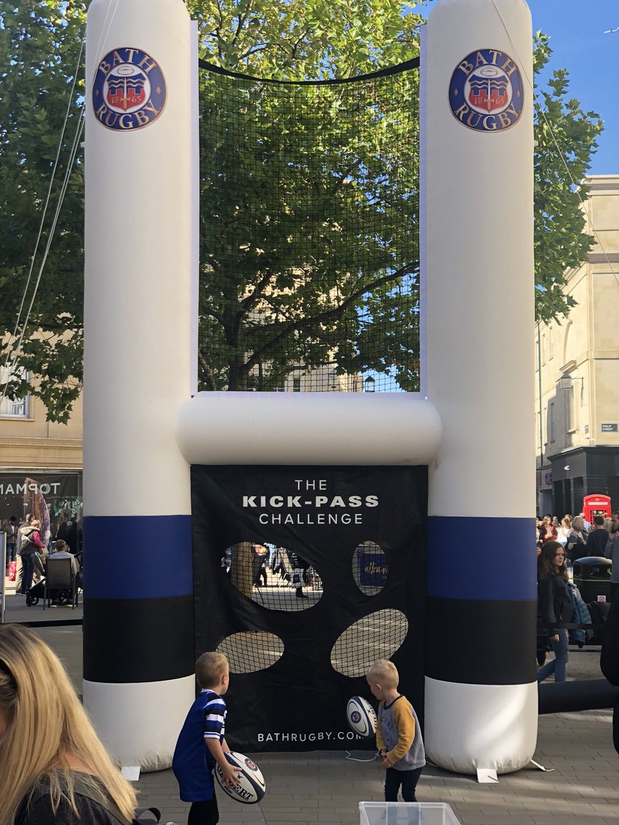 TotalBath's tweet photo. 🏉 Fantastic scenes at @SouthGate_Bath in the Bath sunshine as @bathrugby are set up. Show off your skills or grab a player for an autograph. Still happening for a few hours yet. #bath #rugby #southgate #totalguide https://t.co/9nfJzX0tPT