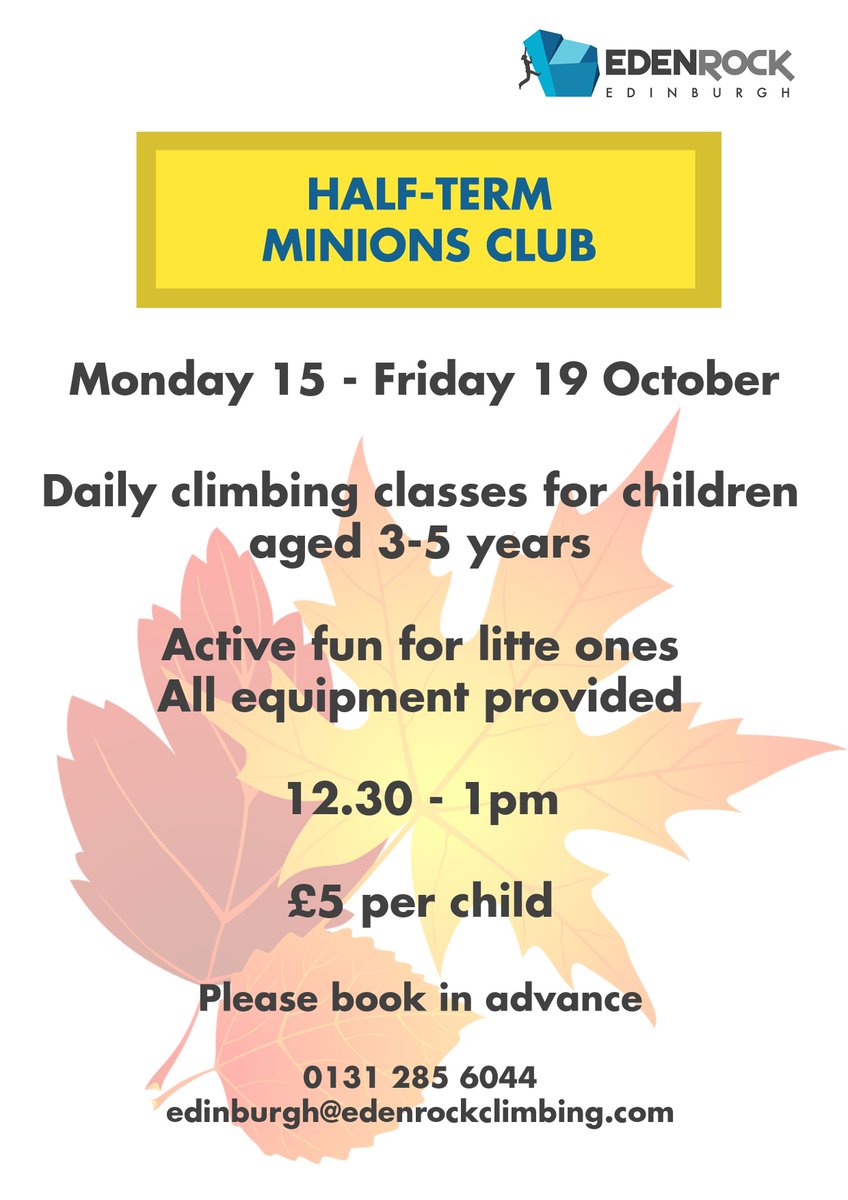 Minions Club at the slightly later time of 12:30-13:00 during the October half-term.  Great intro to climbing for 3-5 year olds.
See buff.ly/2OjHjIV for full details and bookings.

#edenrockedinburgh #halfterm #kidsclimbing <a href="/climb_scotland/">ClimbScotland</a> <a href="/edinburghmums/">Edinburgh Mums</a> <a href="/kidsedinburgh/">Kids Edinburgh</a>