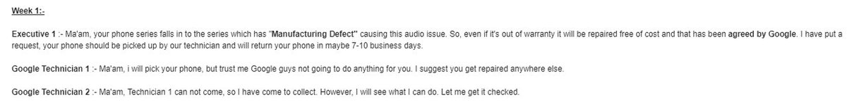 drolia_shristi's tweet photo. My phone-audio wasn't working, I was told it's a manufacturing defect and I am asked to pay.

I contact Google support team and below is the conversations so far in past 4 weeks.
@Google @GooglePixels @GooglePixelUser @B2XCareSolution @htc @GoogleIndia @googlepixel @madebygoogle https://t.co/6z3dEeifYO