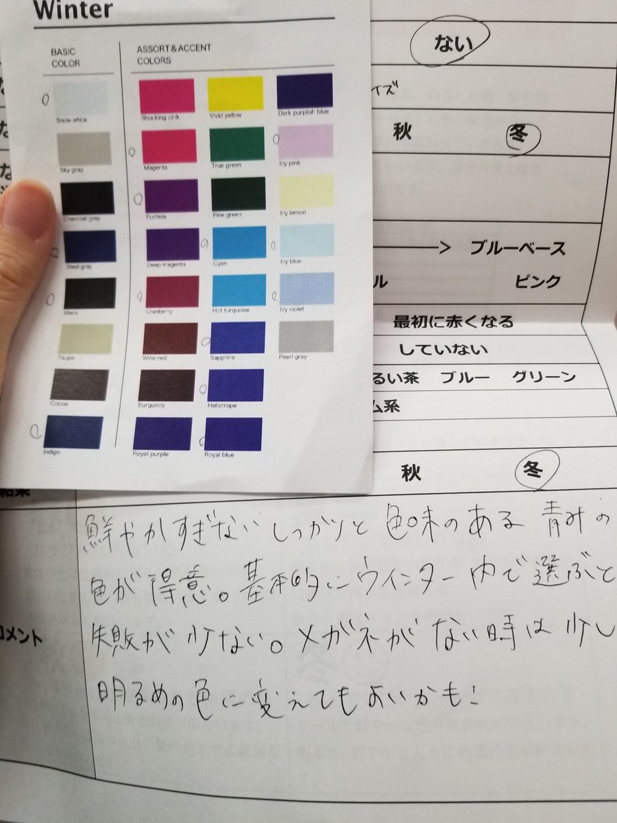 路木 新宿タカシマヤのオータムフェスティバルの一環でやってたパーソナルカラー診断を受けてきたよ 結果ウィンターだった おそらくクリアウィンターとのことで 黄色とスモーキー系がアウトだったのでまあそらブラウン似合わんわね と深く納得した