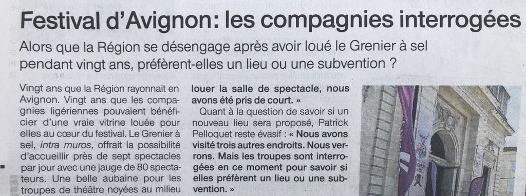 LGarnier44's tweet photo. La Région @paysdelaloire subit le souhait du propriétaire de ne plus louer le lieu #GrenierASel. Nous continuerons à accompagner #Avignon la diffusion de nos compagnies régionales, qui débordent de talents. @OuestFrance 2/2 https://t.co/pGr62XIFJ7