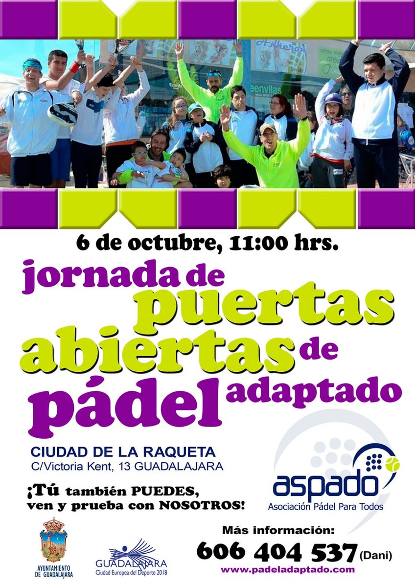 padeladaptado's tweet photo. Aún estás a tiempo para inscribirte en la Jornada de Puertas Abiertas de ASPADO en la Ciudad de la Raqueta de Guadalajara. Sábado 6 de octubre a las 11 horas. Más información al teléfono 606404537 (Dani) Te esperamos!!! https://t.co/uRkYn46xsm