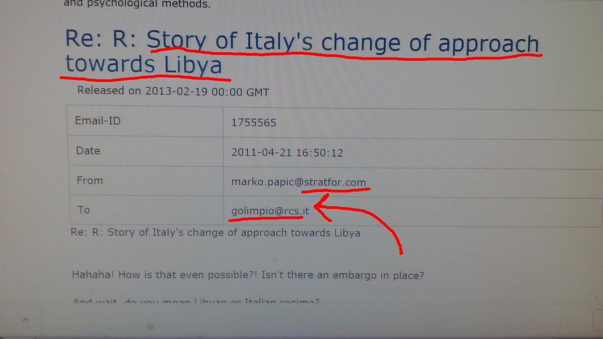 Wikileaks_Ita's tweet photo. #TheGiFiles Il giornalista del Corriere della Sera #GuidoOlimpio discute, con l'agenzia privata d'informazione #Stratfor che lavora per la #CIA , sulla direzione dell'Italia in #Libia (2011)
https://t.co/0KXFajUeEX https://t.co/2F2KeN8FpL