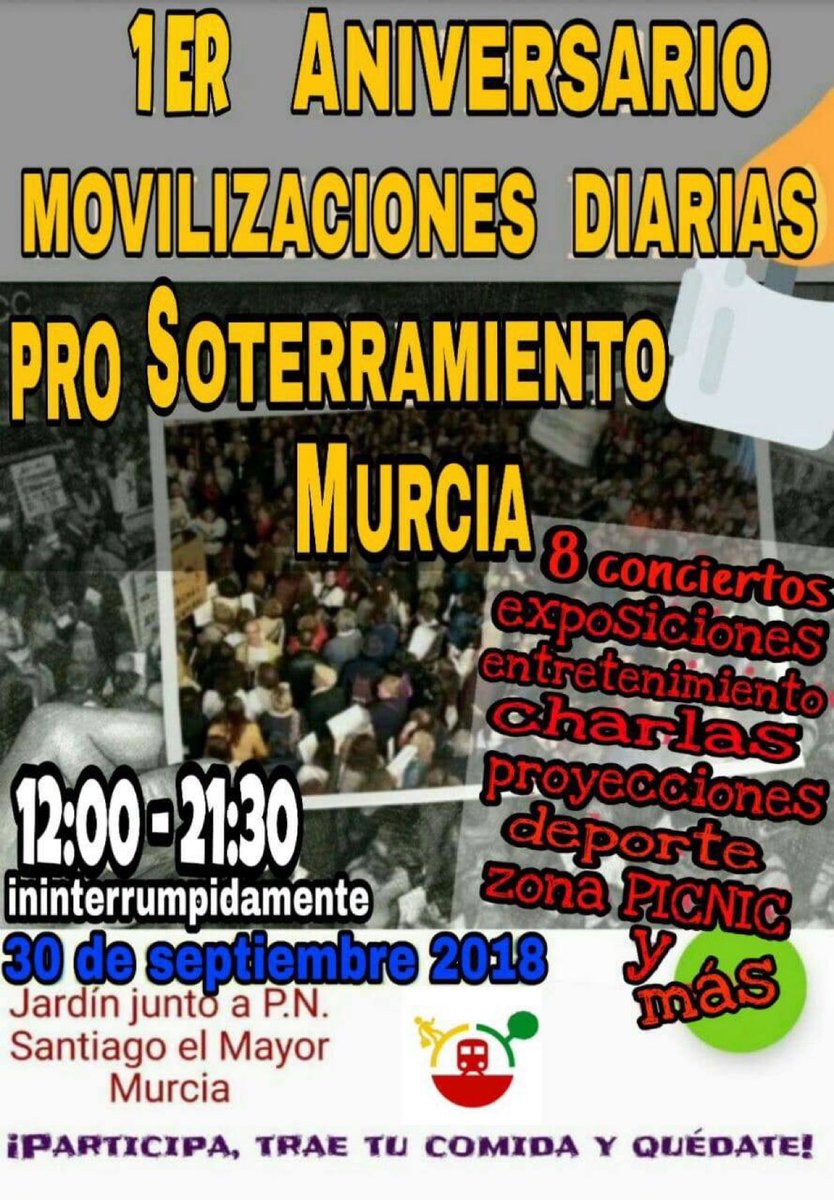 ALasVias's tweet photo. 🎊 1er Aniversario de Movilizaciones Diarias para #MurciaLibreDeMuros

🗓 DOMINGO, #30S (384 @DiasALasVias)
🕛 12:00 - 🕤 21:30
📍 Junto a la Plaza del Soterramiento (https://t.co/a47V4VopdE)

Info: https://t.co/xy8UqT79Zj

      😃 ¡NO TE LO PIERDAS! https://t.co/0YqZZ2jnHe