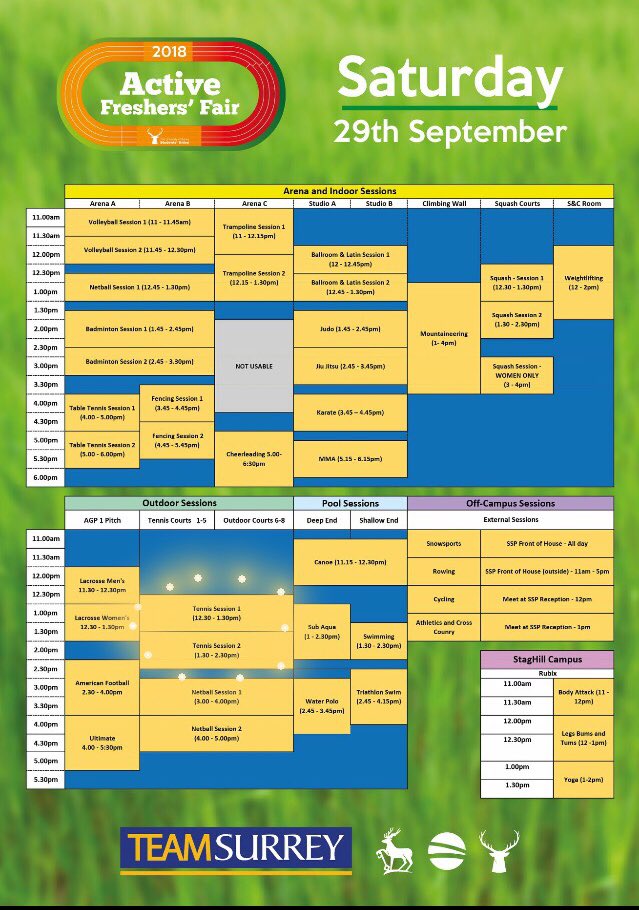 Looking forward to seeing loads of you at <a href="/Surreysportpark/">Surrey Sports Park</a> at 12.30 for our first Active Freshers’ session!