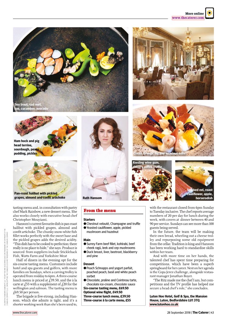 Hayden1974's tweet photo. Fantastic to see @ruth0310 in this weeks @Caterertweets - Super talented chef & the only female winner of @Craft_Guild #YNCOTY #NCOTY to date ๐
#menuwatch @LutonHooHotel
@lisajenkins02 https://t.co/faEfCerhWm