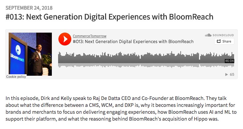 bloomreach_tm's tweet photo. BloomReach co-founder and CEO @rdedatta was interviewed by @dirkhoerig and @KellyGoetsch from @commercetools for their podcast #CommerceTomorrow. They talked about #CMS, #WCM, #DXP, #AI, #ML and the intersection between experience and commerce https://t.co/1mWrRPYC5W https://t.co/9Siuobfljc