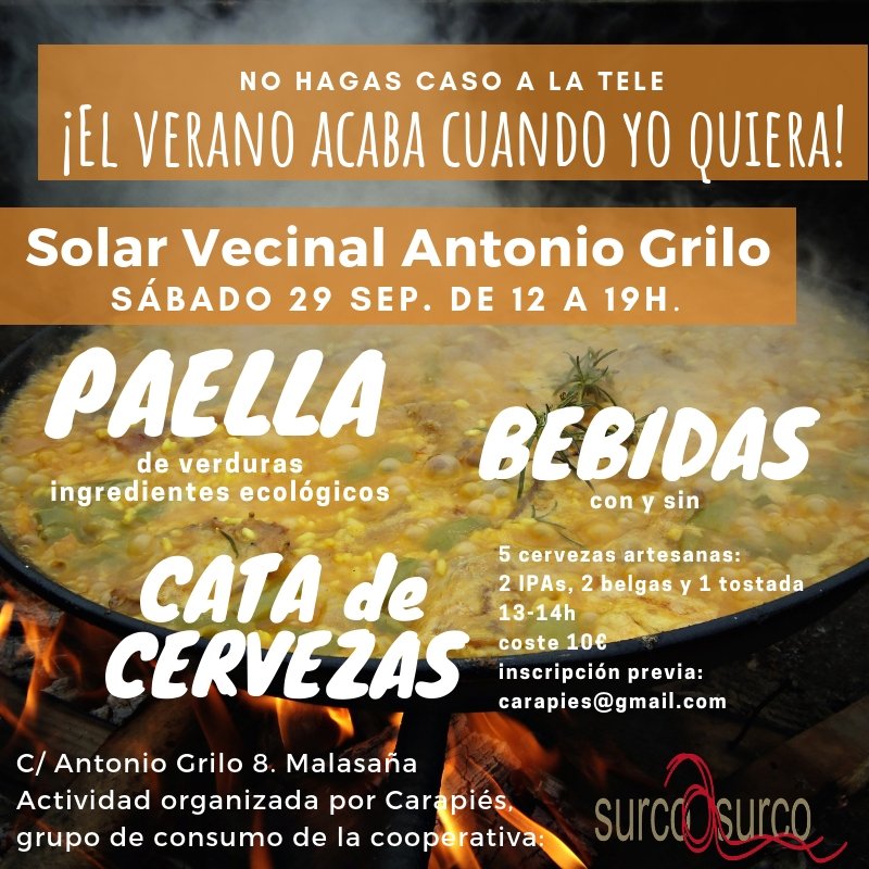 SpaMaravillas's tweet photo. Buenos días vecinas!! Ha comenzado el @MercaEcoMalasan y en un rato la jornada de #SurcoASurco y #Carapiés con cata de cerveza y paella vegana. Terminamos la jornada con @cinecicleta un gran proyecto que debéis conocer. ¡Os esperamos! https://t.co/QOThcEhCsQ