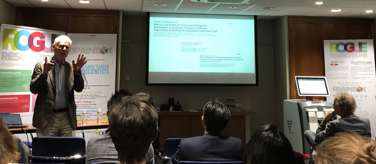 Brainbox_Init's tweet photo. So many variables in published studies using TMS in depression. Prof Walter Paulus asks if these could contribute to the differences in outcomes. cTMS offers the ability to probe some of these variables further #BBIConf2018 satellite #workshop https://t.co/UqF7ucUUiz