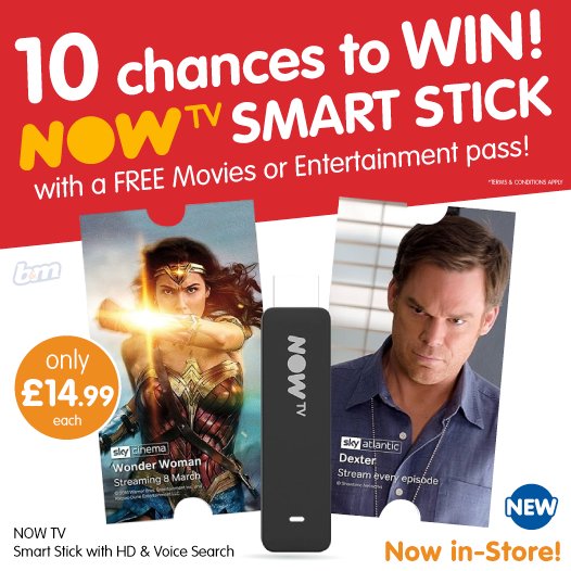 bmstores's tweet photo. 📺 #COMPETITION TIME 📺

We're giving away @NOWTV  Smart Sticks to TEN lucky winners in our new Competition!

For your chance to #WIN, simply FOLLOW, RT &amp; COMMENT what your FAVOURITE TV show is!

Competition ends 9am 4/10/18 https://t.co/NhZ4Jx7Vu4