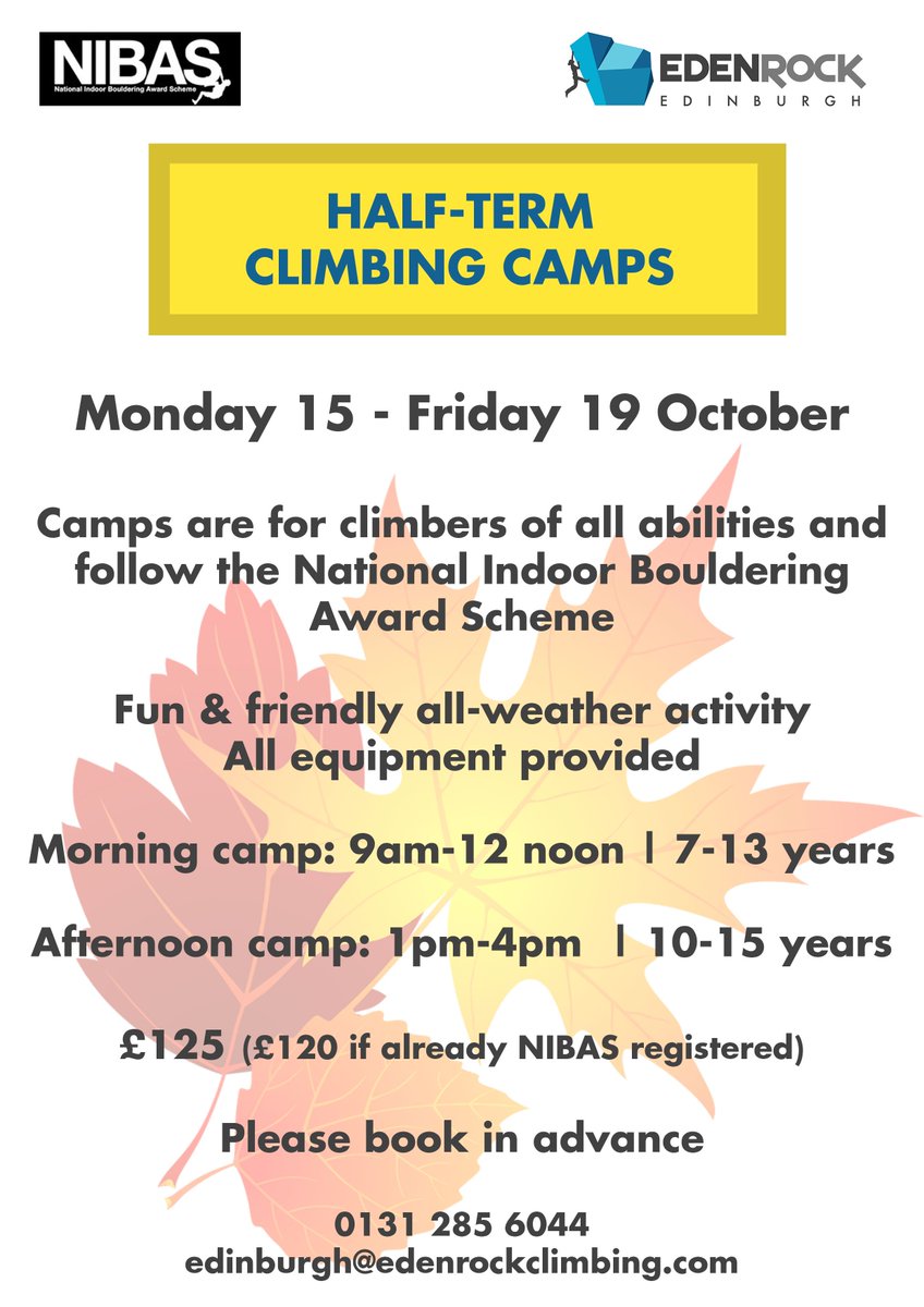 October half-term climbing camps now open for bookings! AM and PM camp to choose from to keep keen young climbers active over the holidays.
See buff.ly/2OjHjIV  for more details and how to book!

#edenrockedinburgh #activekids #halfterm <a href="/climb_scotland/">ClimbScotland</a> <a href="/ActiveSchoolsED/">Active Schools Edinburgh</a>
