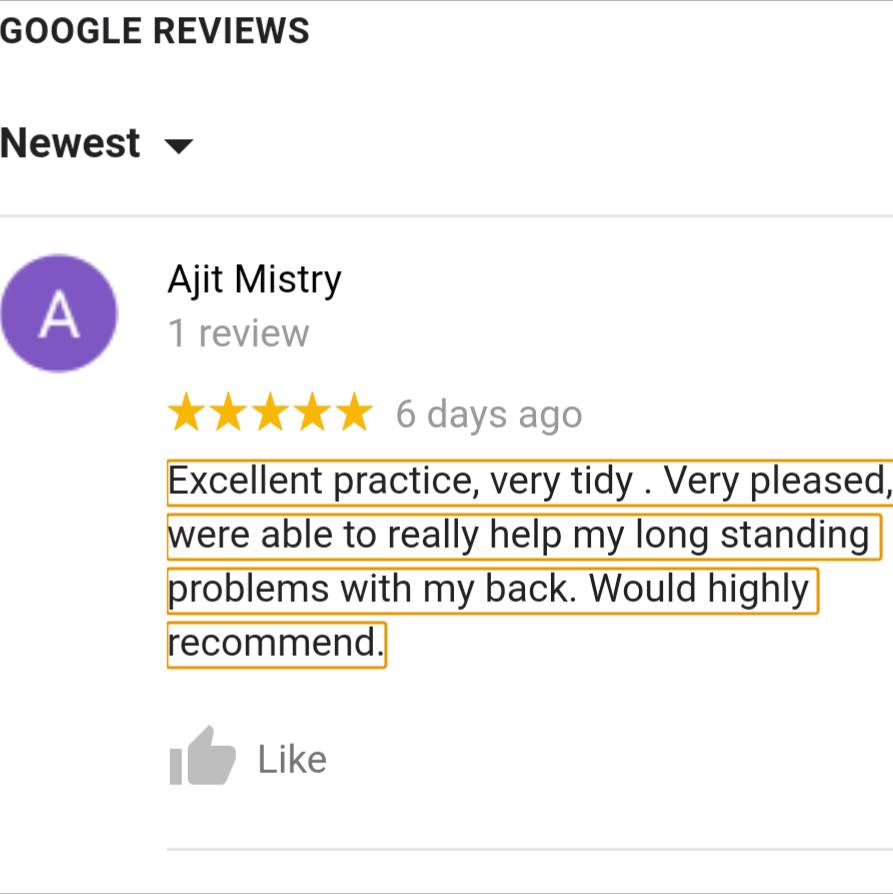 Thank you Ajit Mistry for the recent Google review.
"Excellent practice, very tidy . Very pleased, were able to really help my long standing problems with my back. Would highly recommend"